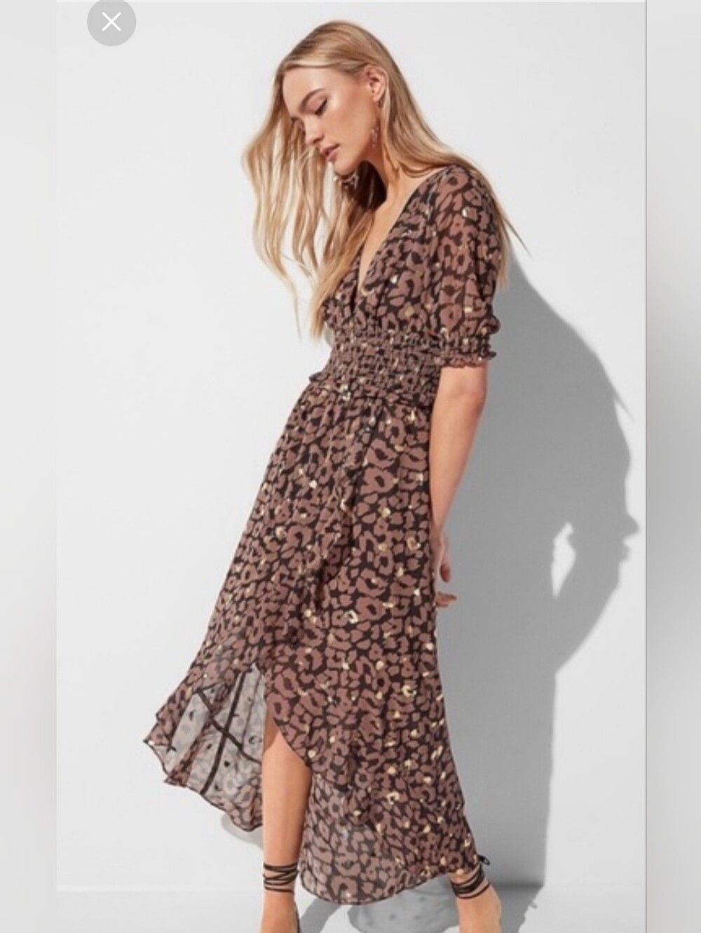 Express Brown Leopard Print High-Low Dress with Gold Accents